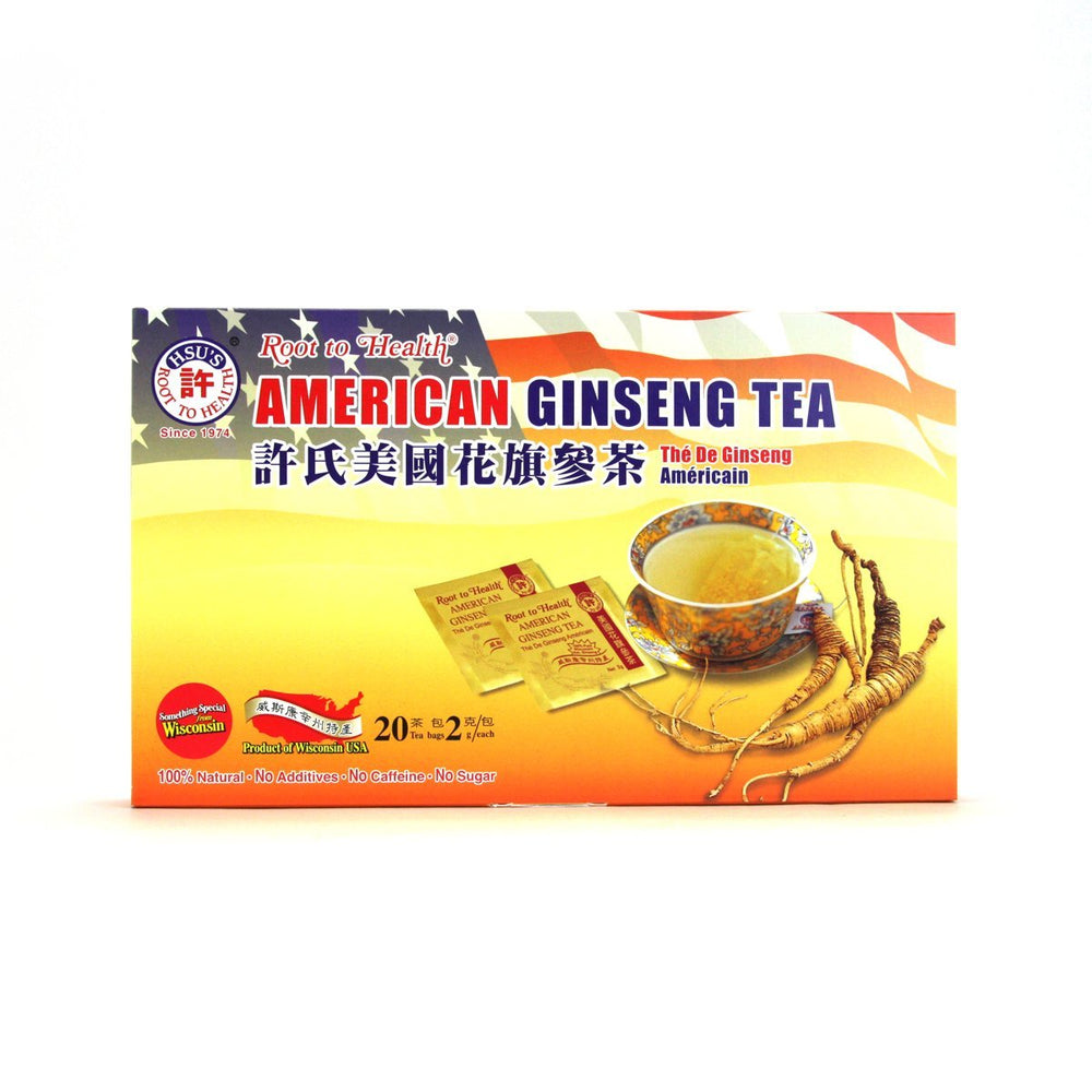 Front view of Hsus American Ginseng Tea 20-count box