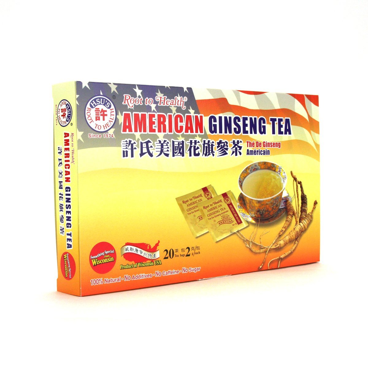 Open box showing 20 tea bags of American Ginseng Tea