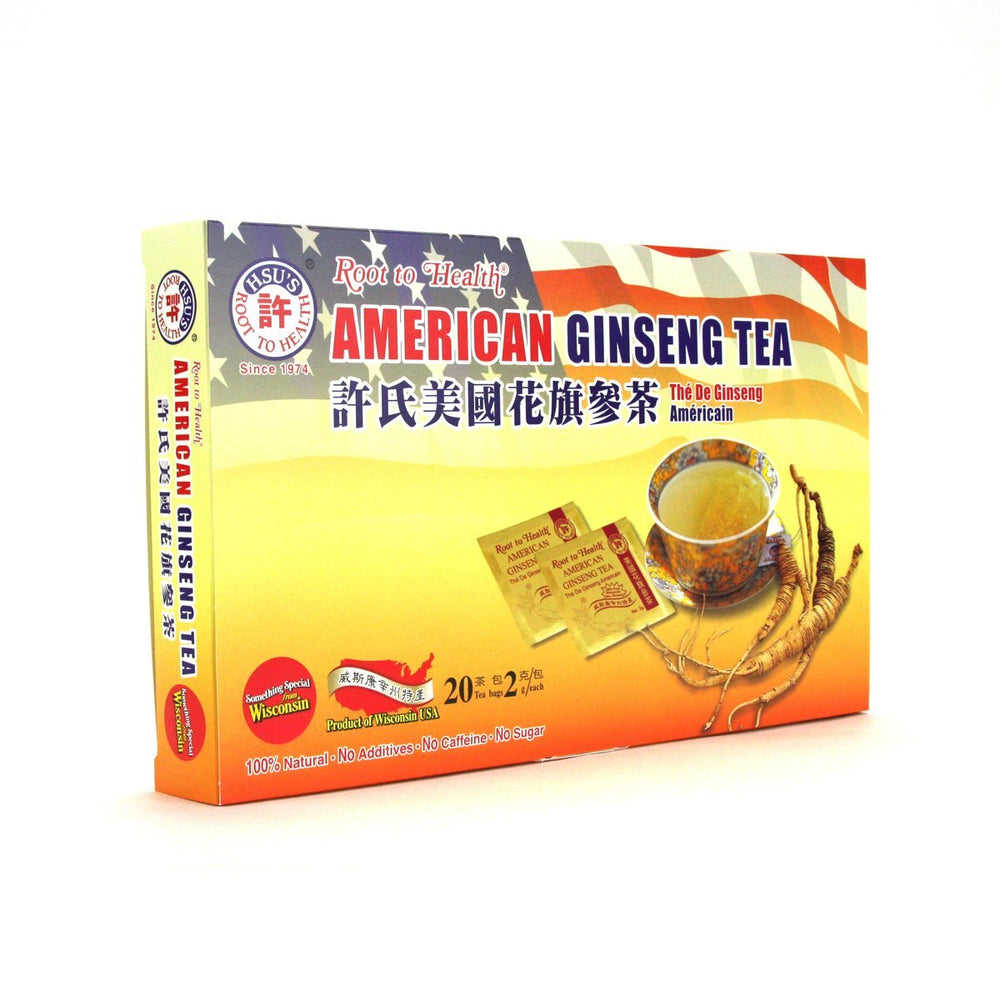 Open box showing 20 tea bags of American Ginseng Tea