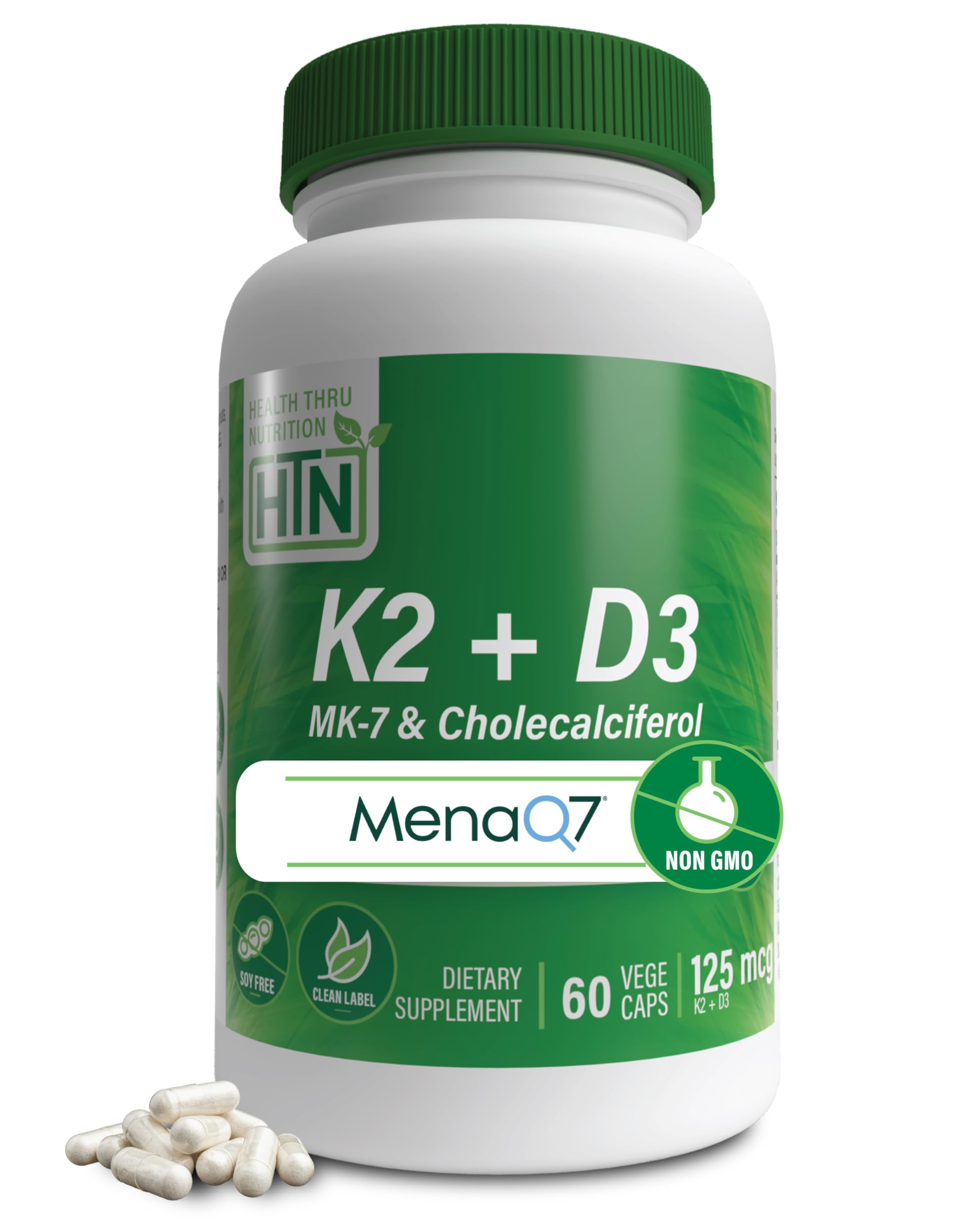 Health Thru Nutrition K2 + D3 Complex bottle label showing MK-7 100mcg and D3 1000IU