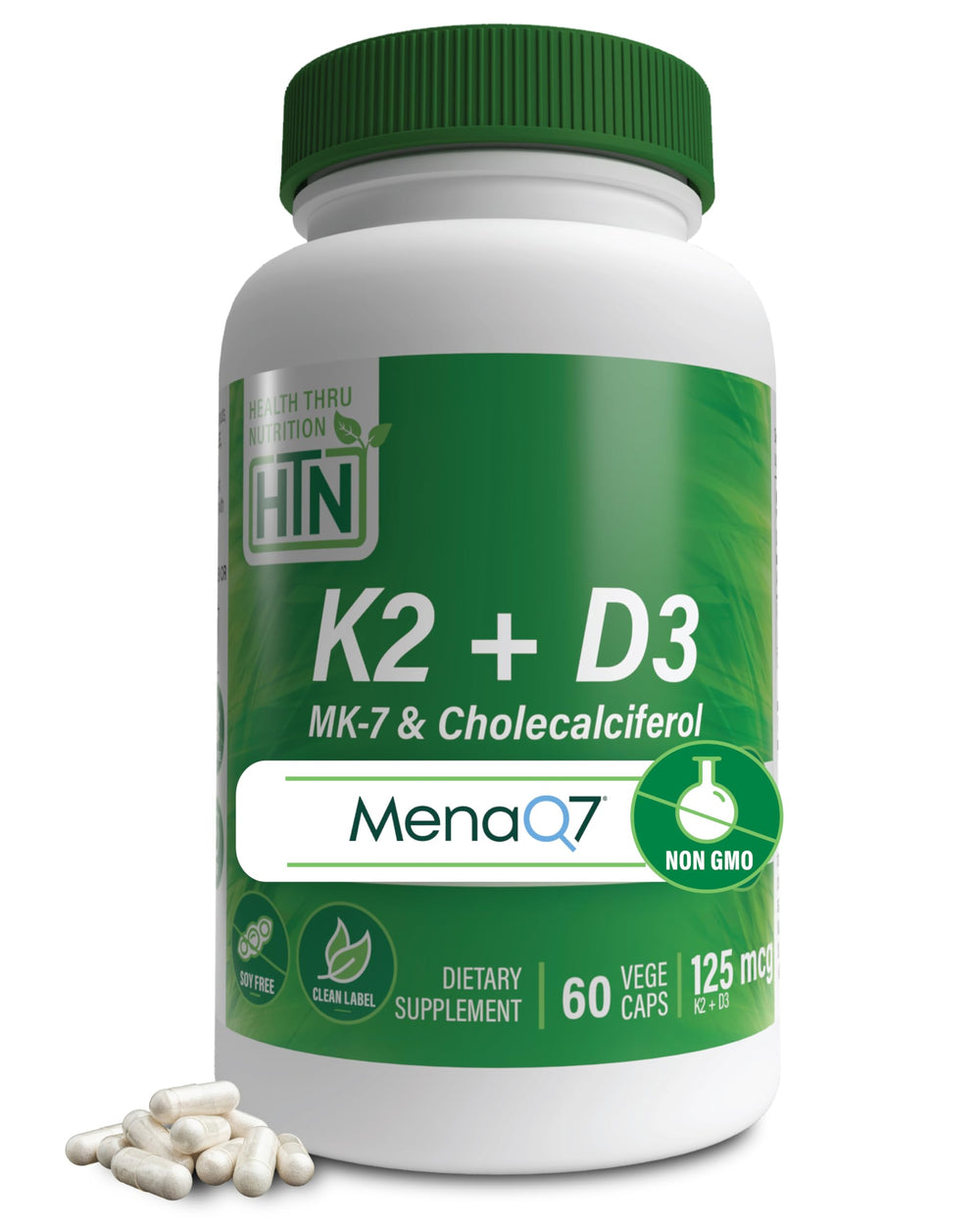 Health Thru Nutrition K2 + D3 Complex bottle label showing MK-7 100mcg and D3 1000IU