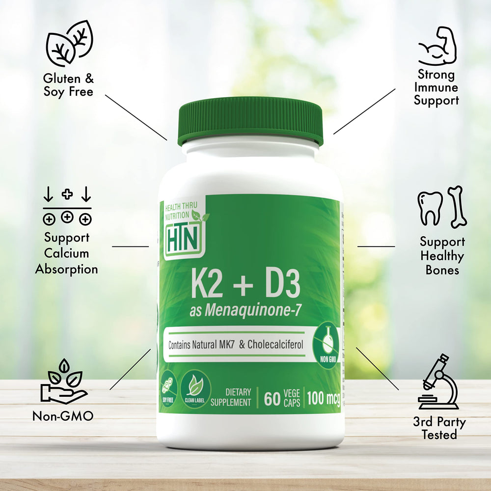 Side view of Health Thru Nutrition K2 + D3 Complex bottle