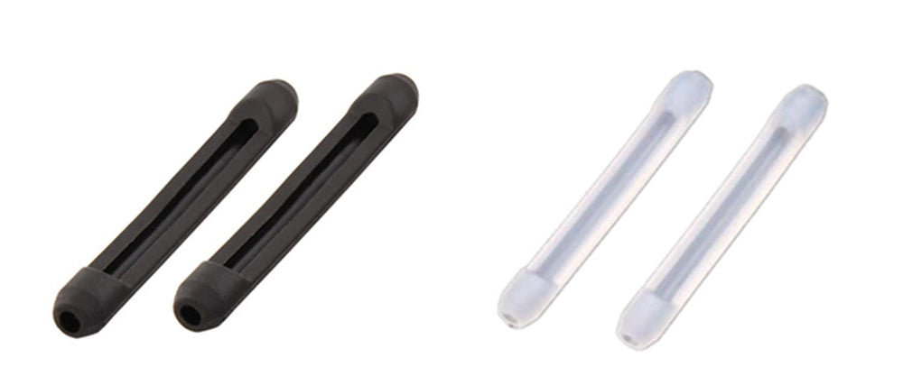 HTS007 black anti-slip silicone temple ear socks – front view on glasses