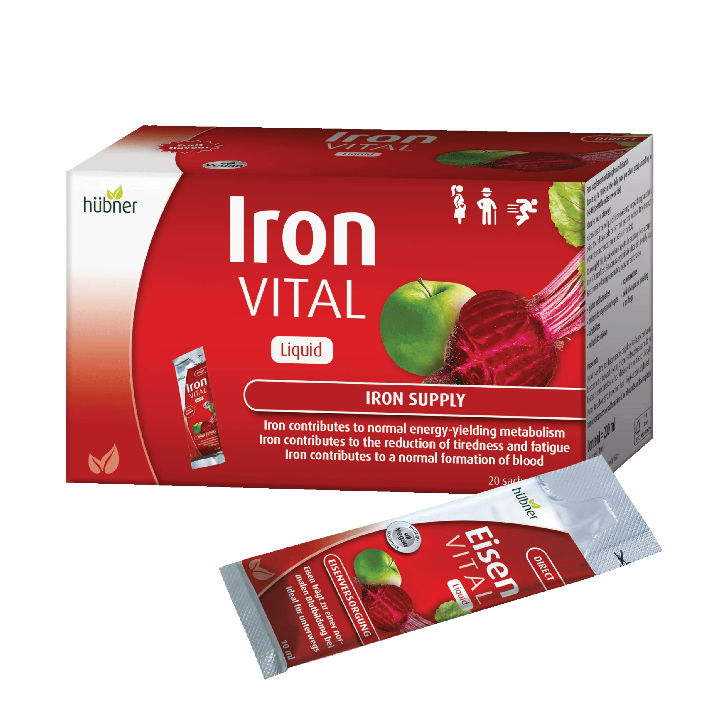 Front view of Hübner Iron Vital Liquid Iron 20-pack box