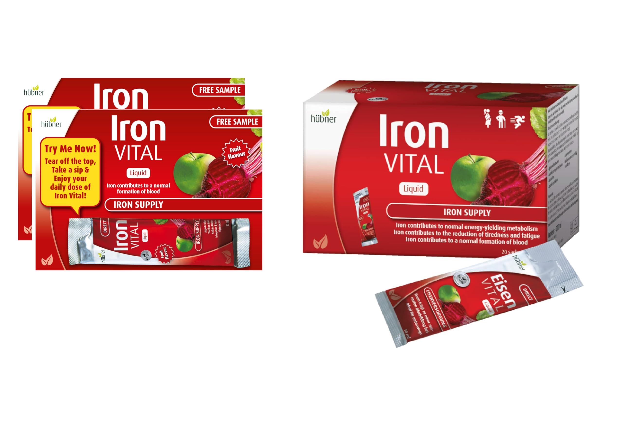 Box of Hübner Iron Vital Liquid Iron Supply Plus Vitamin C with 20 packets and 2 extra packets, 10 ml each
