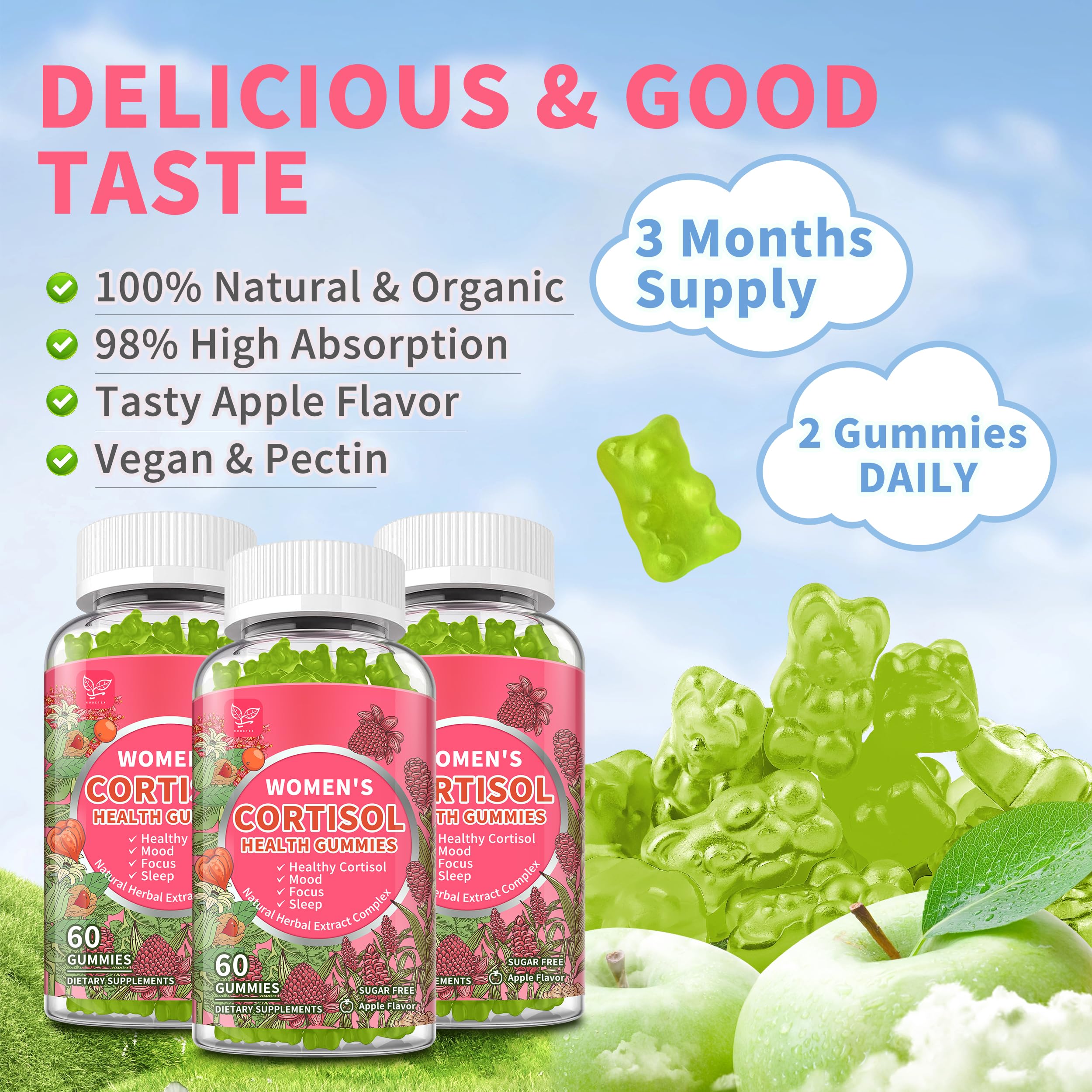 Hudetex bottle open with apple gummies showing daily supply convenience