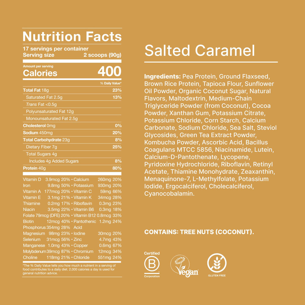 Huel Black Edition Salted Caramel showing 27 vitamins and minerals