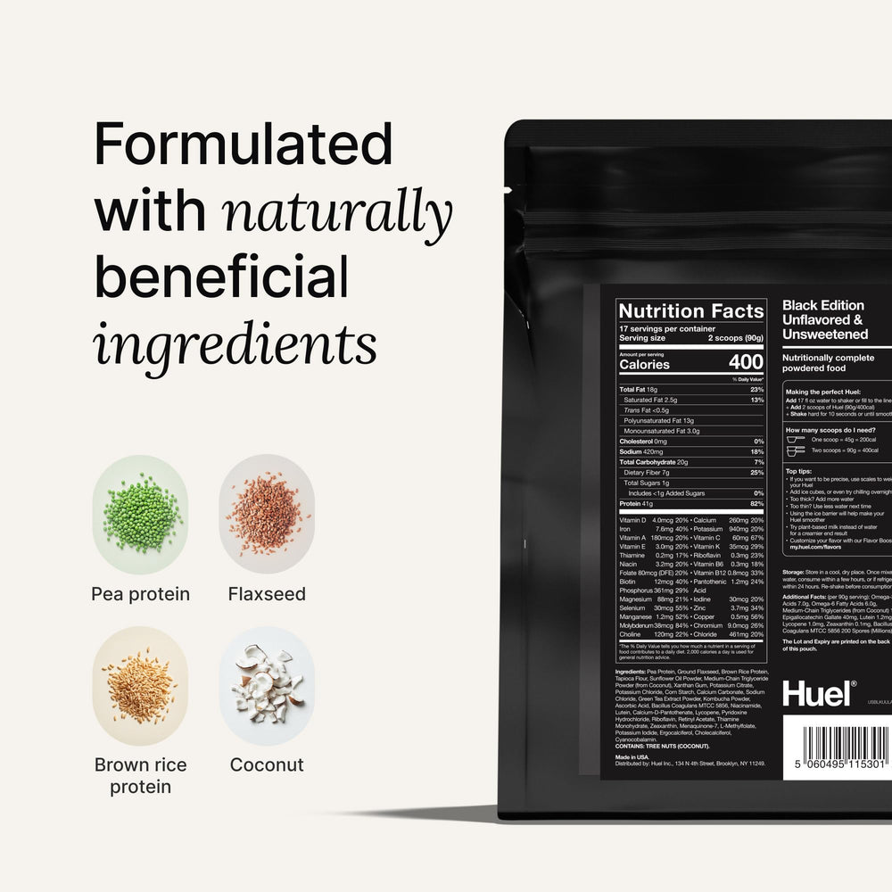 Huel Black Edition Banana flavor packaging showing 17 servings