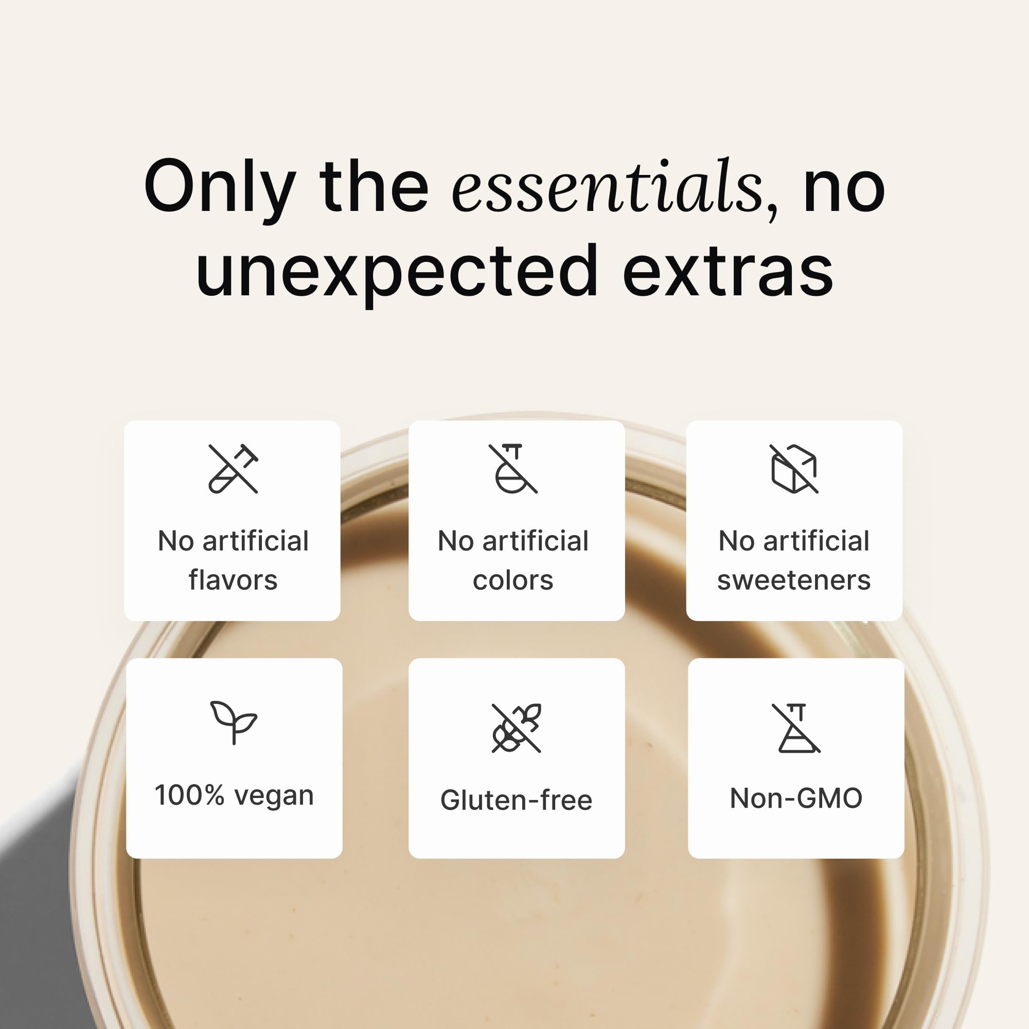 Packaging icons highlighting vegan, gluten-free and non-GMO