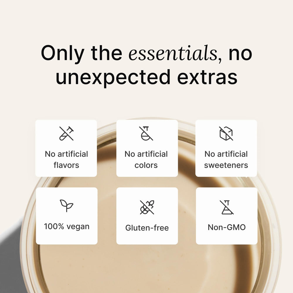 Packaging icons highlighting vegan, gluten-free and non-GMO