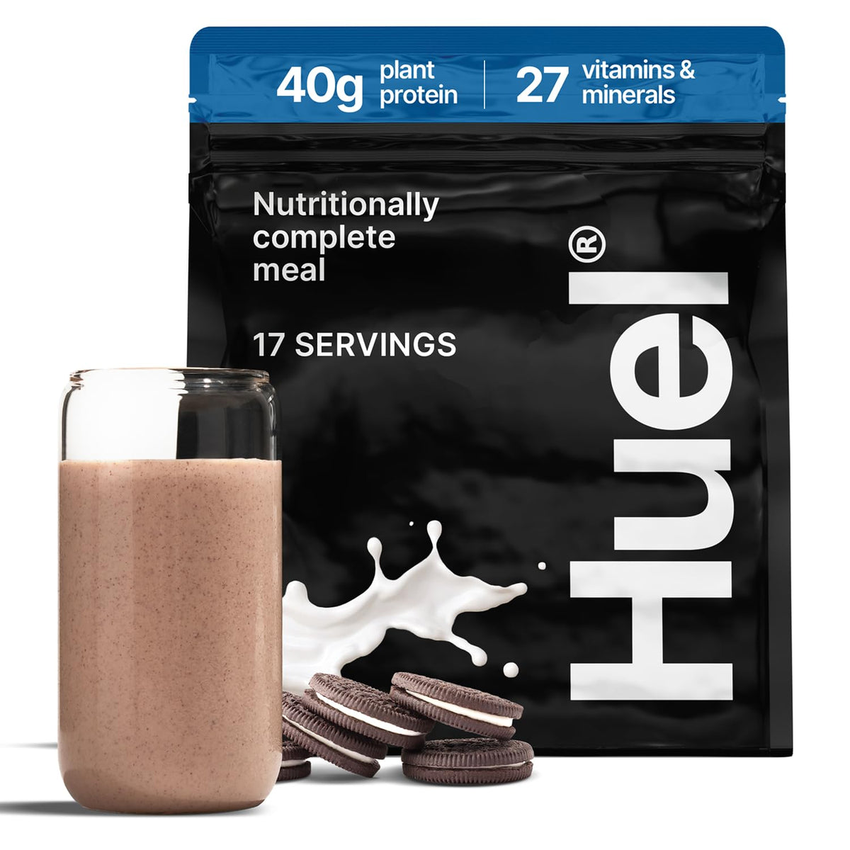 Huel Black Edition Cookies & Cream packaging with 34 scoops