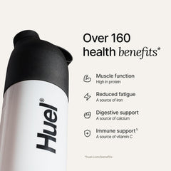 Glass of Huel shake with ice and fruit