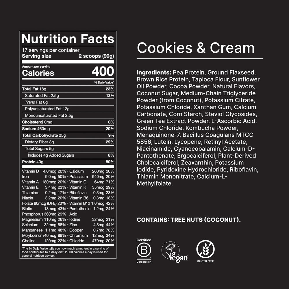 Nutrition highlights showing 40g protein and 8g fiber on the label