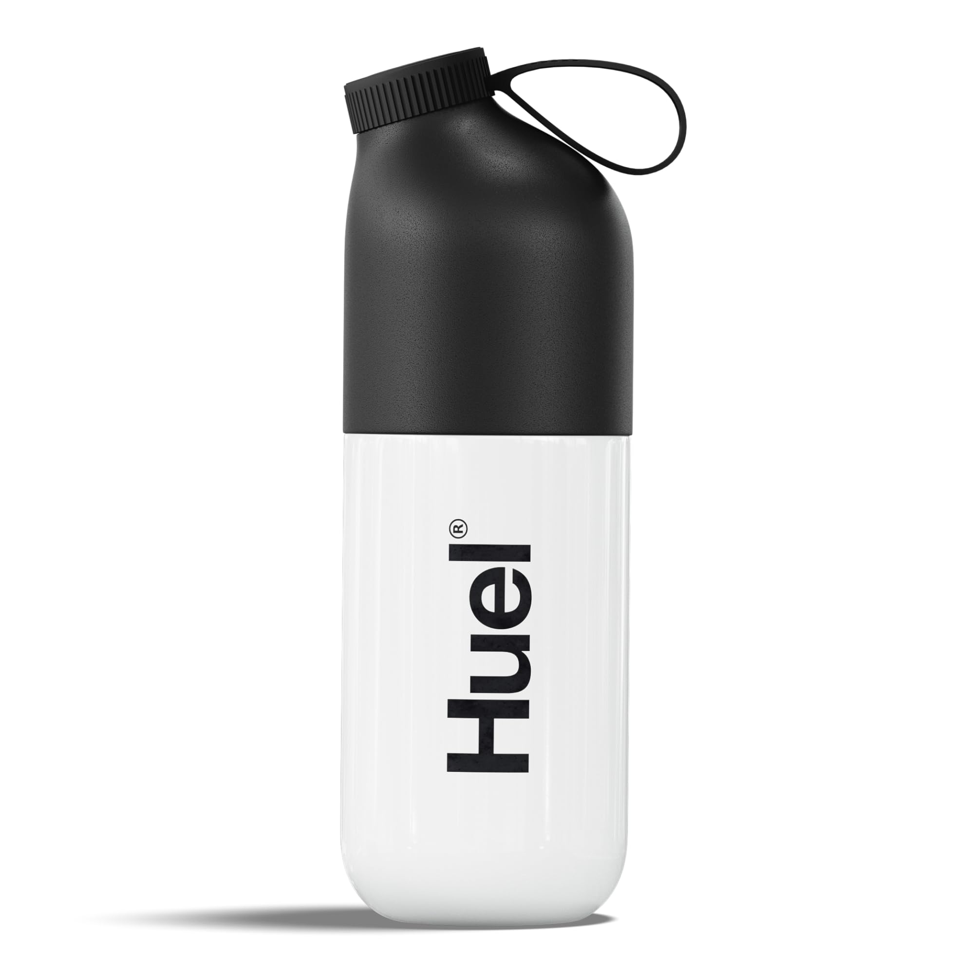 Huel Black Edition shaker bottle front view highlighting durable Tritan body for on-the-go mixing.