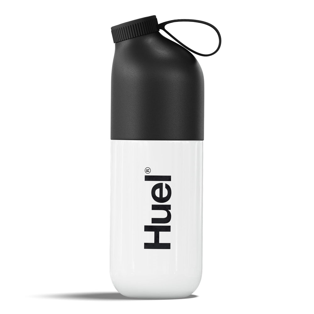 Huel Black Edition shaker bottle front view highlighting durable Tritan body for on-the-go mixing.