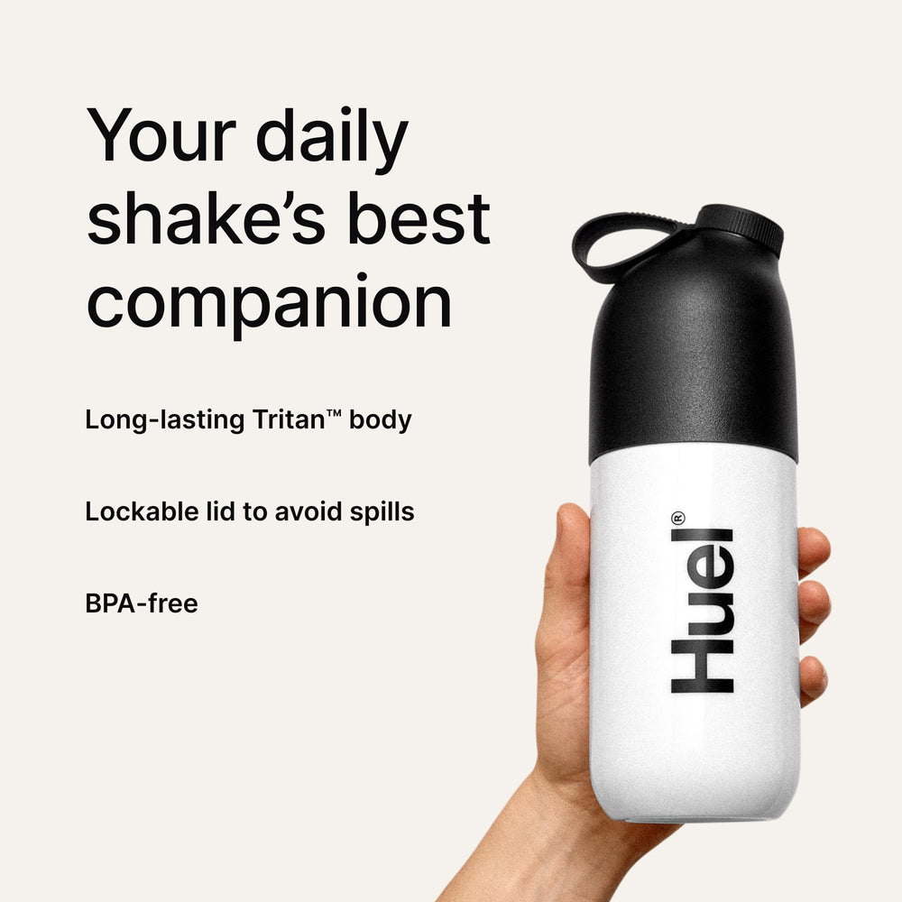 Huel Black Edition shaker bottle with lockable lid ensuring spill-free transport.