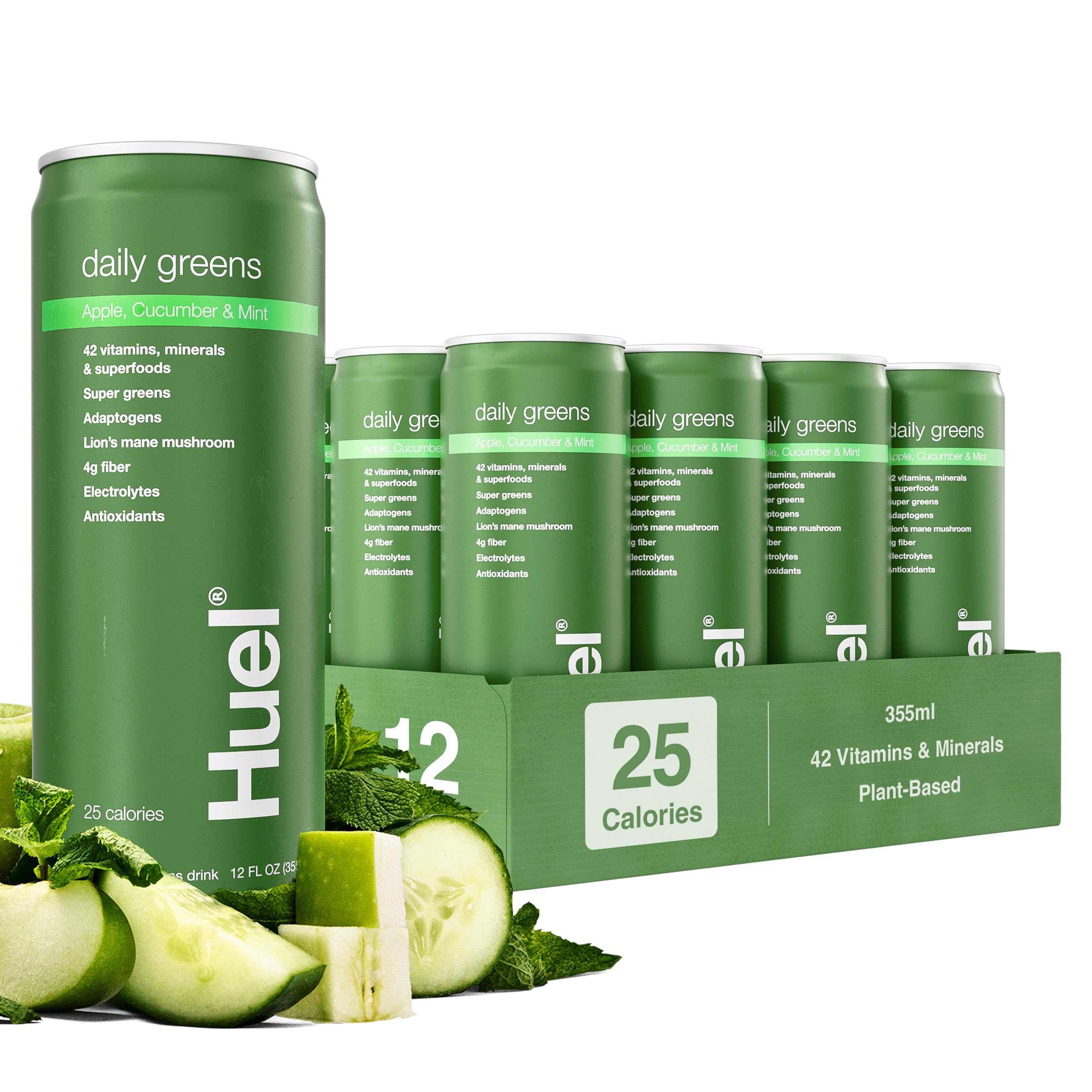 Huel bottle front packaging showing apple cucumber mint flavor and benefits