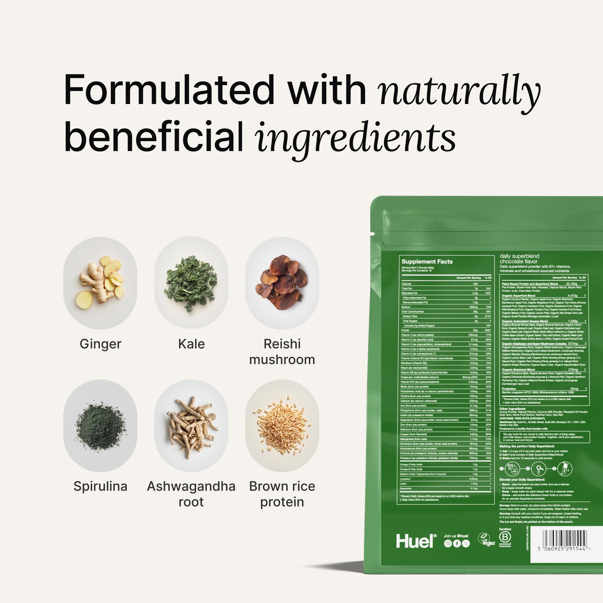 Huel Daily Superblend Chocolate ingredients and packaging emphasizing organic blends.