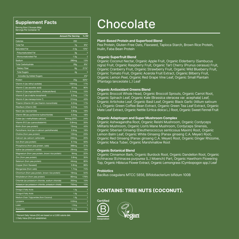 Huel Daily Superblend Chocolate nutrition facts panel demonstrates vitamins, minerals, and wholefood nutrients.