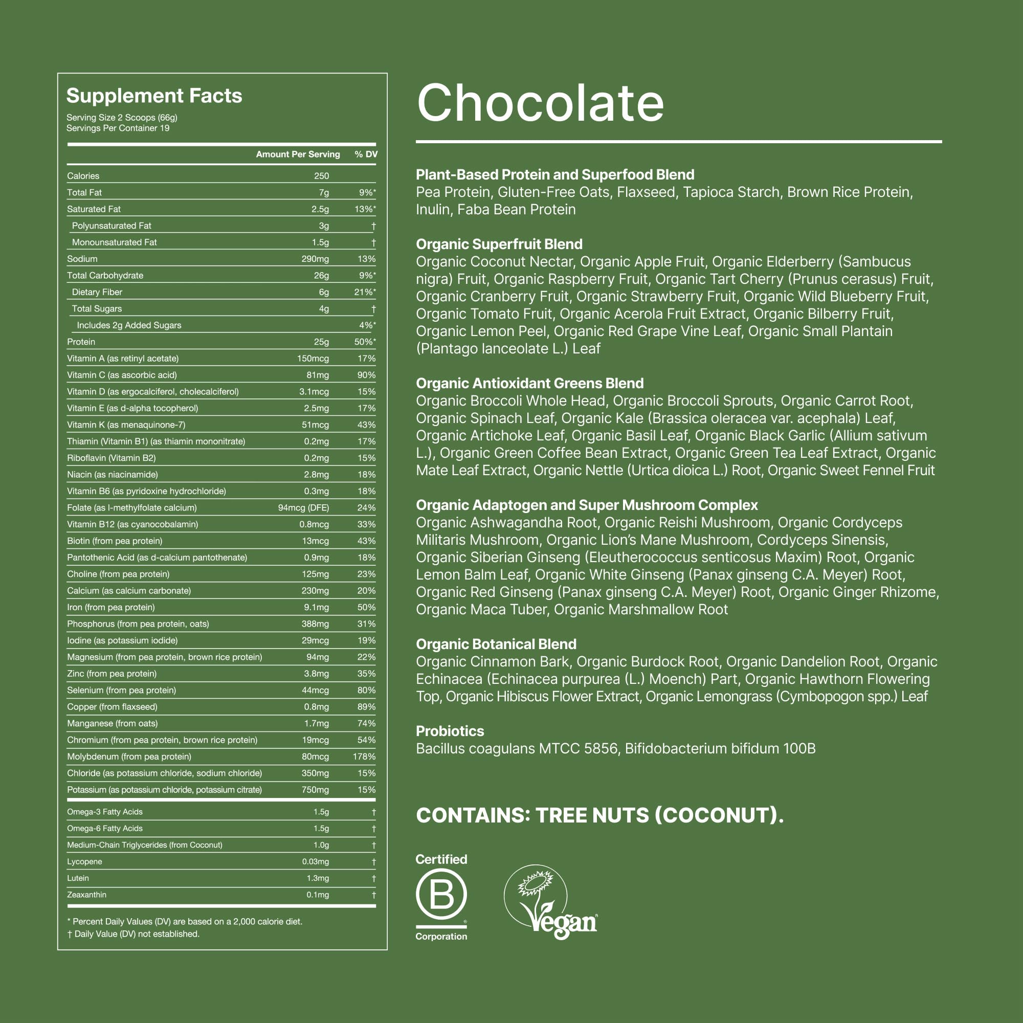 Huel Daily Superblend Chocolate nutrition facts panel demonstrates vitamins, minerals, and wholefood nutrients.