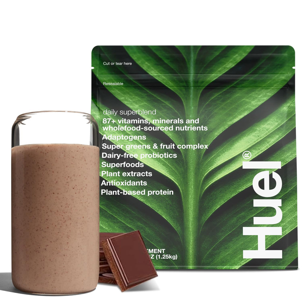Huel Daily Superblend Chocolate powder tub close-up showing premium nutrition for balanced mornings.