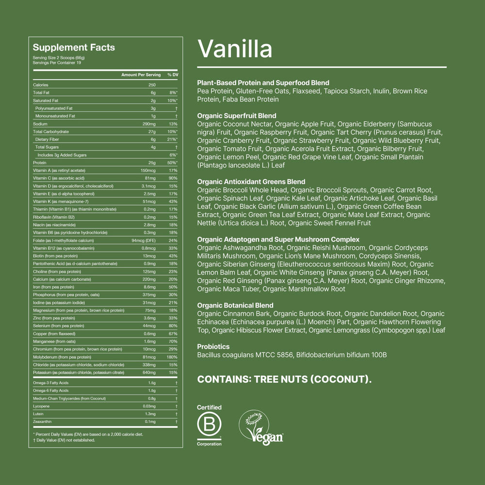 Huel Daily Superblend Vanilla label highlights organic blends and probiotics