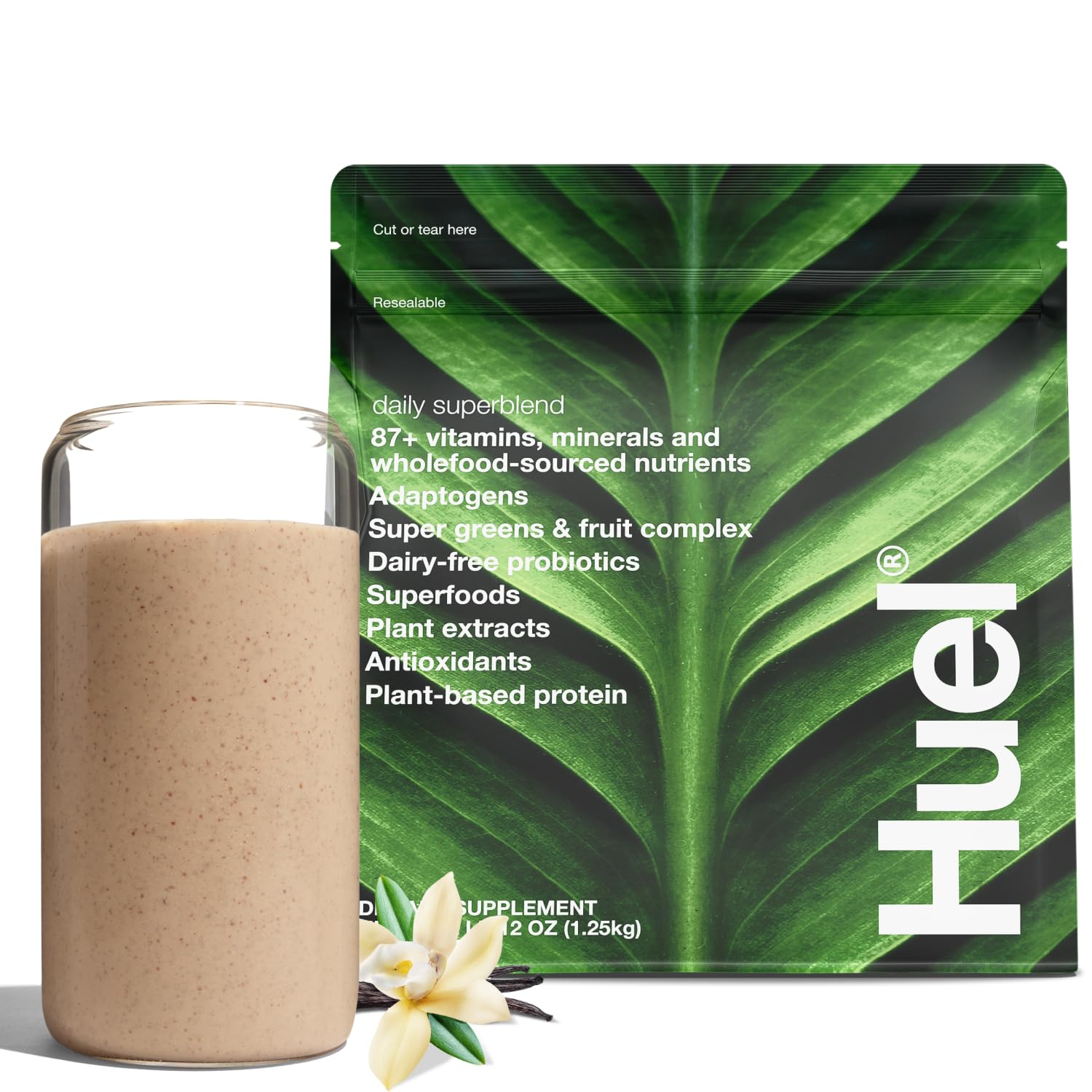 Huel Daily Superblend Vanilla packaging signals complete nutrition for busy mornings