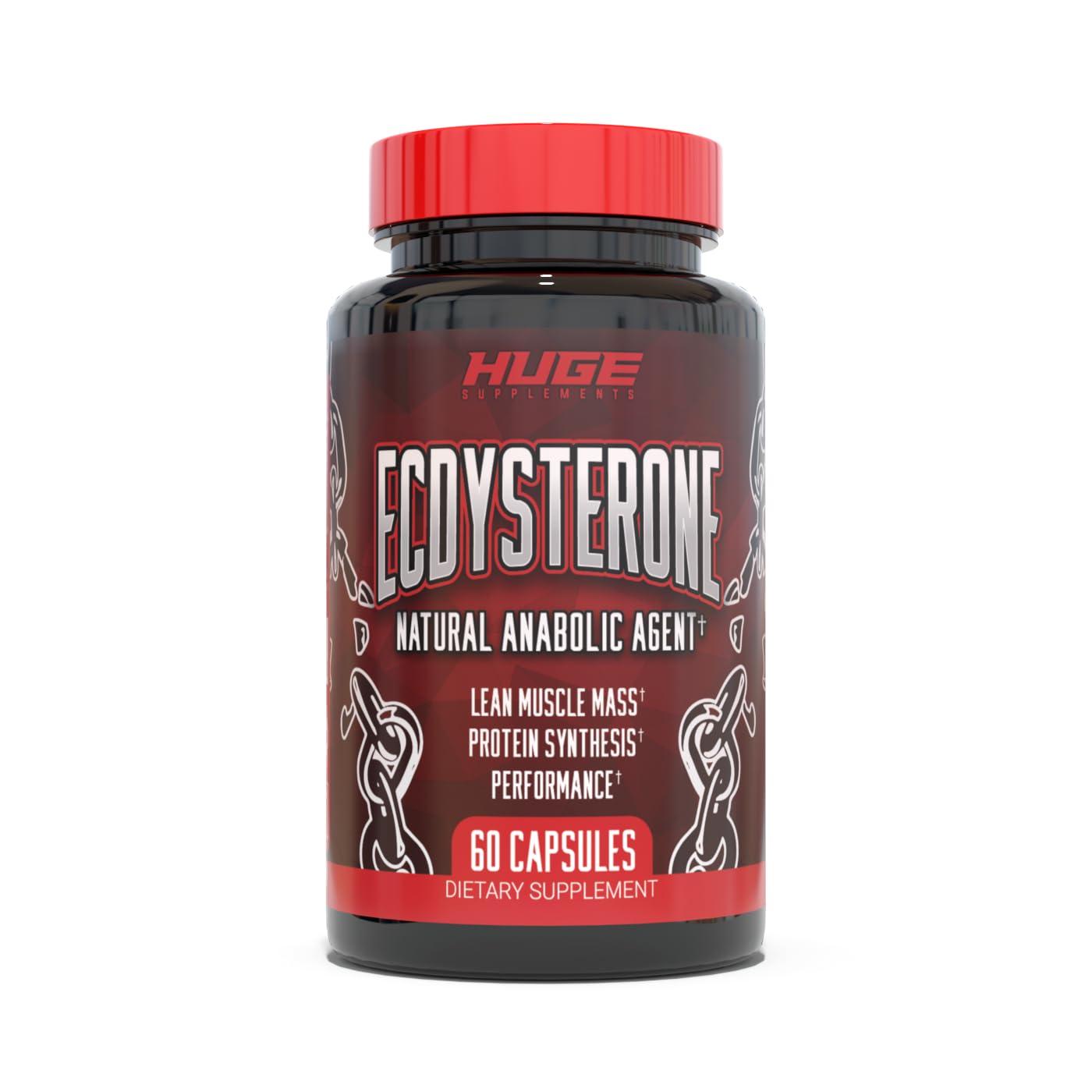 Huge Supplements Ecdysterone bottle angled view highlighting muscle support.