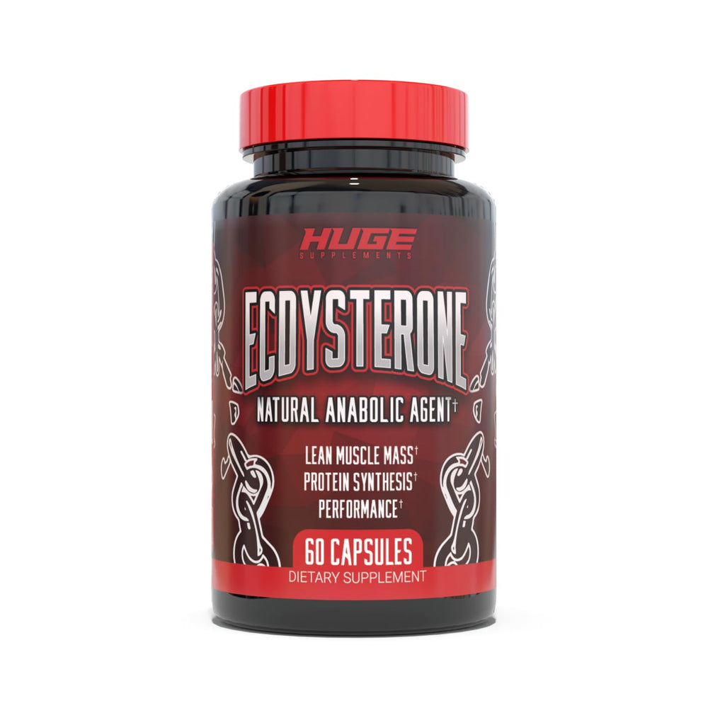 Huge Supplements Ecdysterone bottle angled view highlighting muscle support.