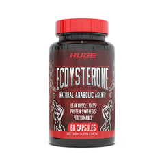 Huge Supplements Ecdysterone bottle angled view highlighting muscle support.