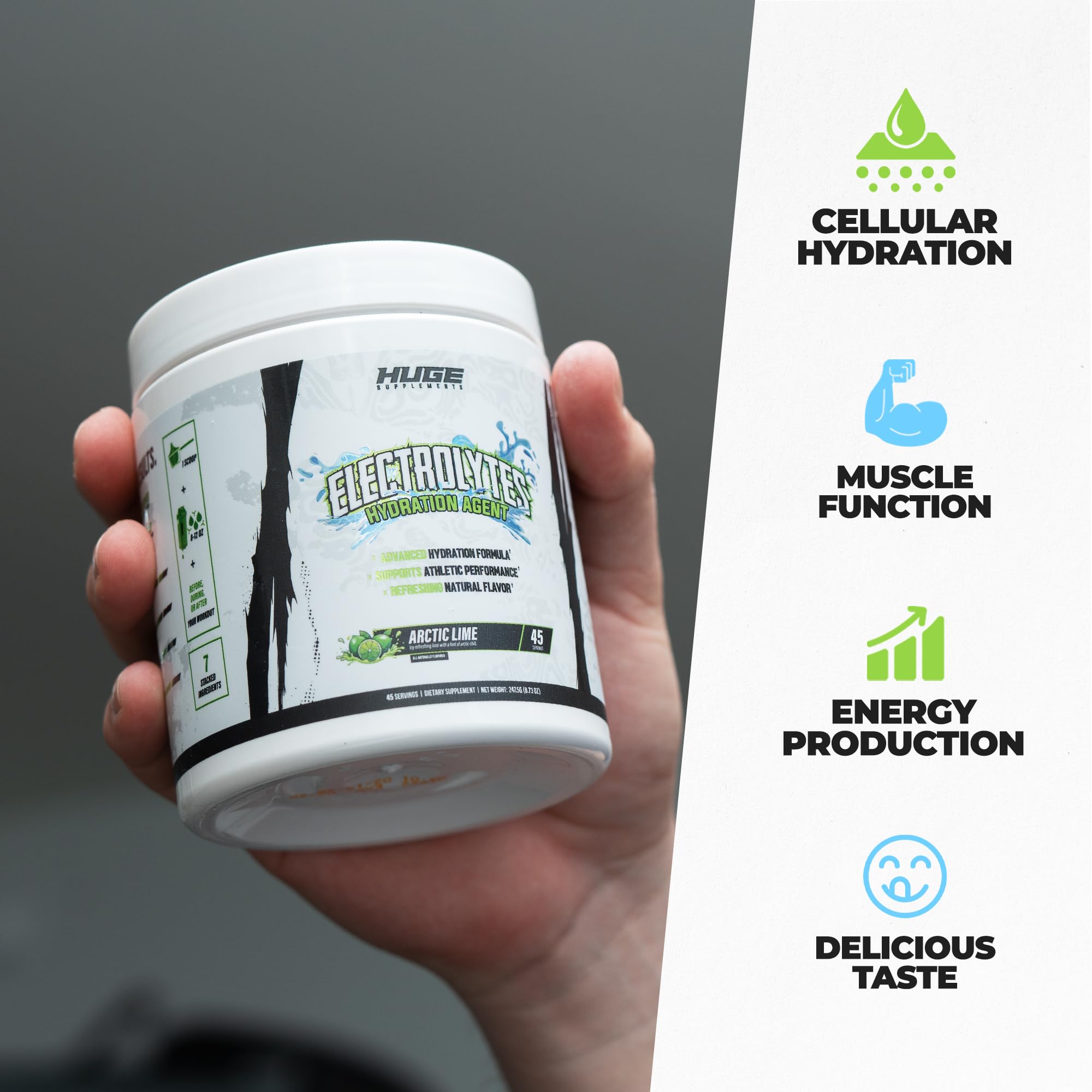Huge Supplements Electrolytes Powder Arctic Lime glass with drink ready post-workout.