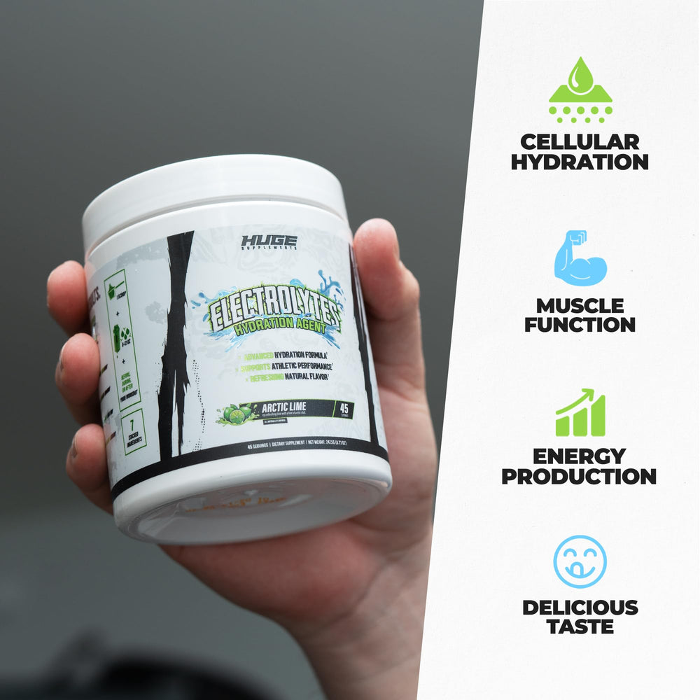 Huge Supplements Electrolytes Powder Arctic Lime glass with drink ready post-workout.