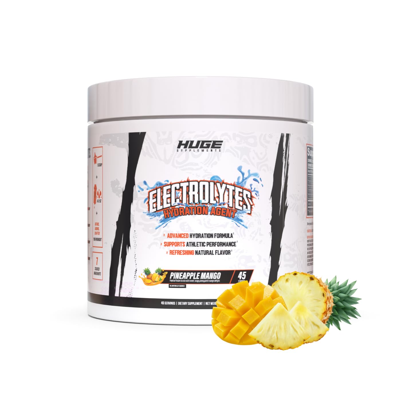 Huge Supplements Electrolytes powder bottle in pineapple mango supports on-the-go hydration.
