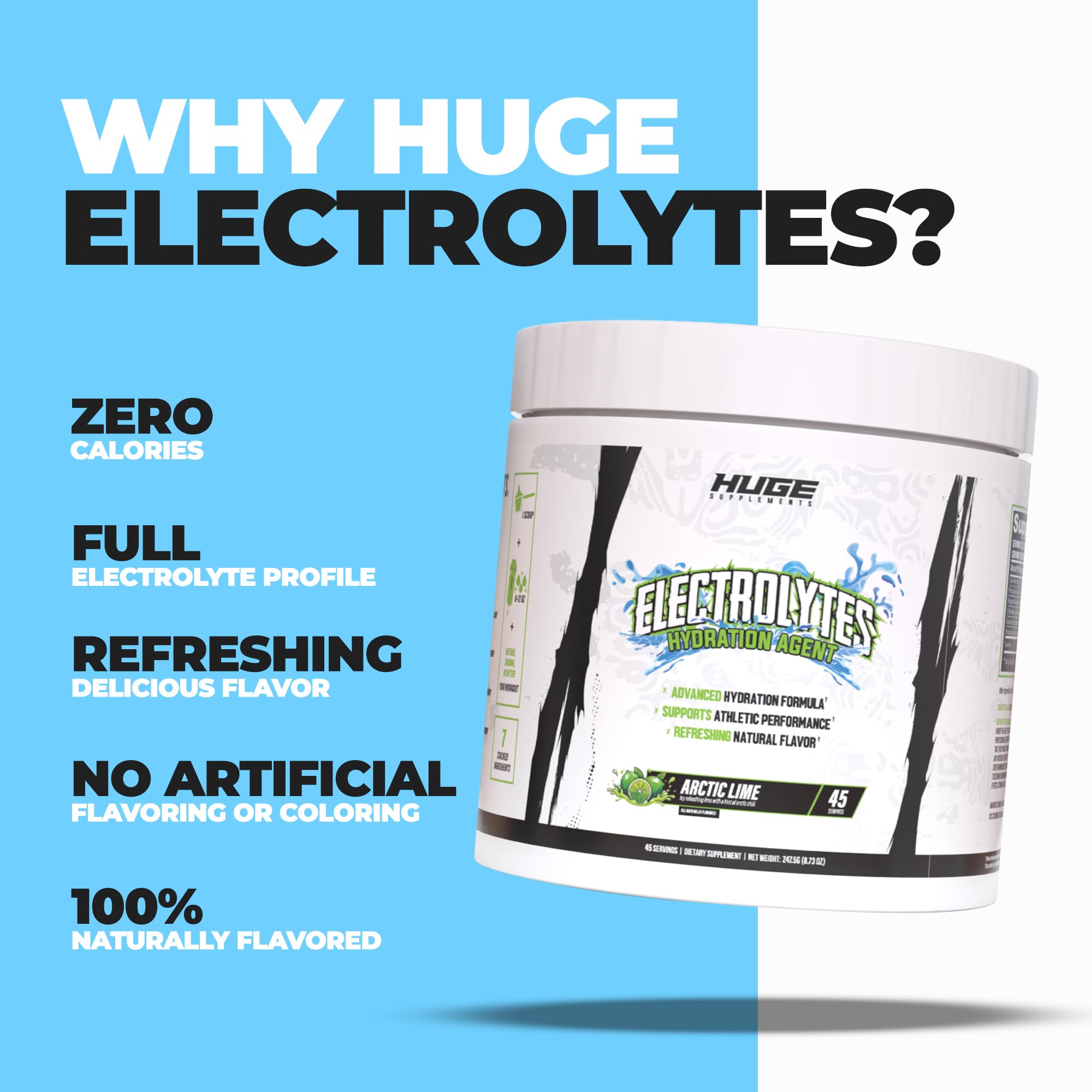 Huge Supplements Electrolytes Powder no artificial flavors colors label for sugar-free hydration.