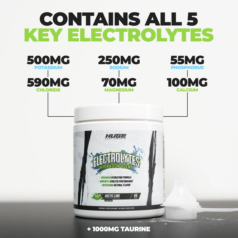 Huge Supplements Electrolytes Powder shaker-mix ready for workout day hydration.
