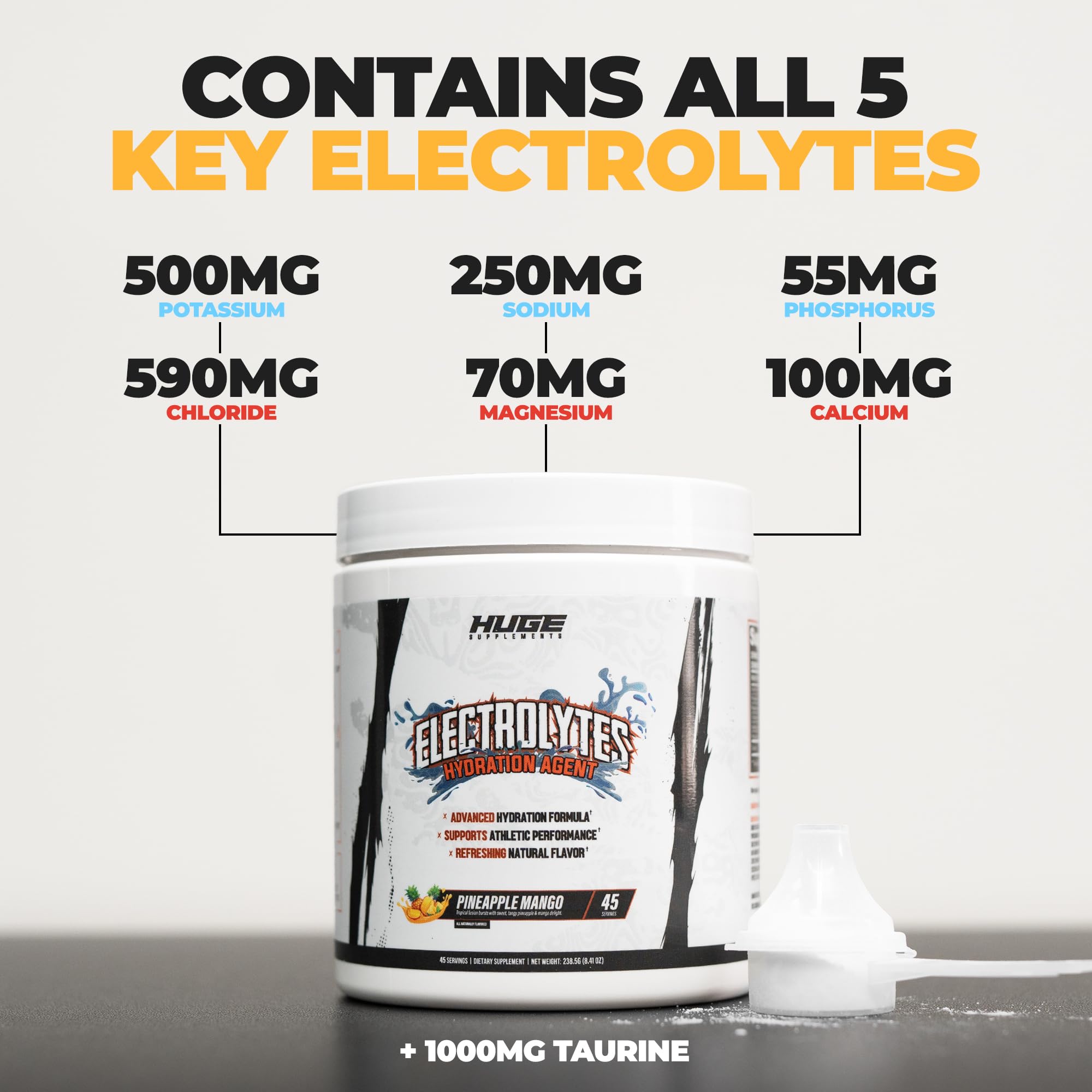 Huge Supplements Electrolytes powder shown in shaker for quick, mix-and-go hydration.