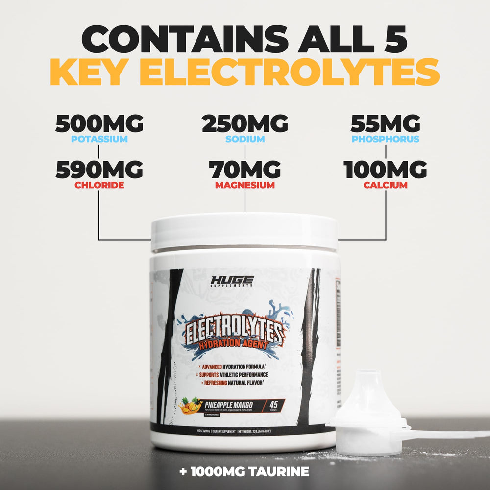Huge Supplements Electrolytes powder shown in shaker for quick, mix-and-go hydration.