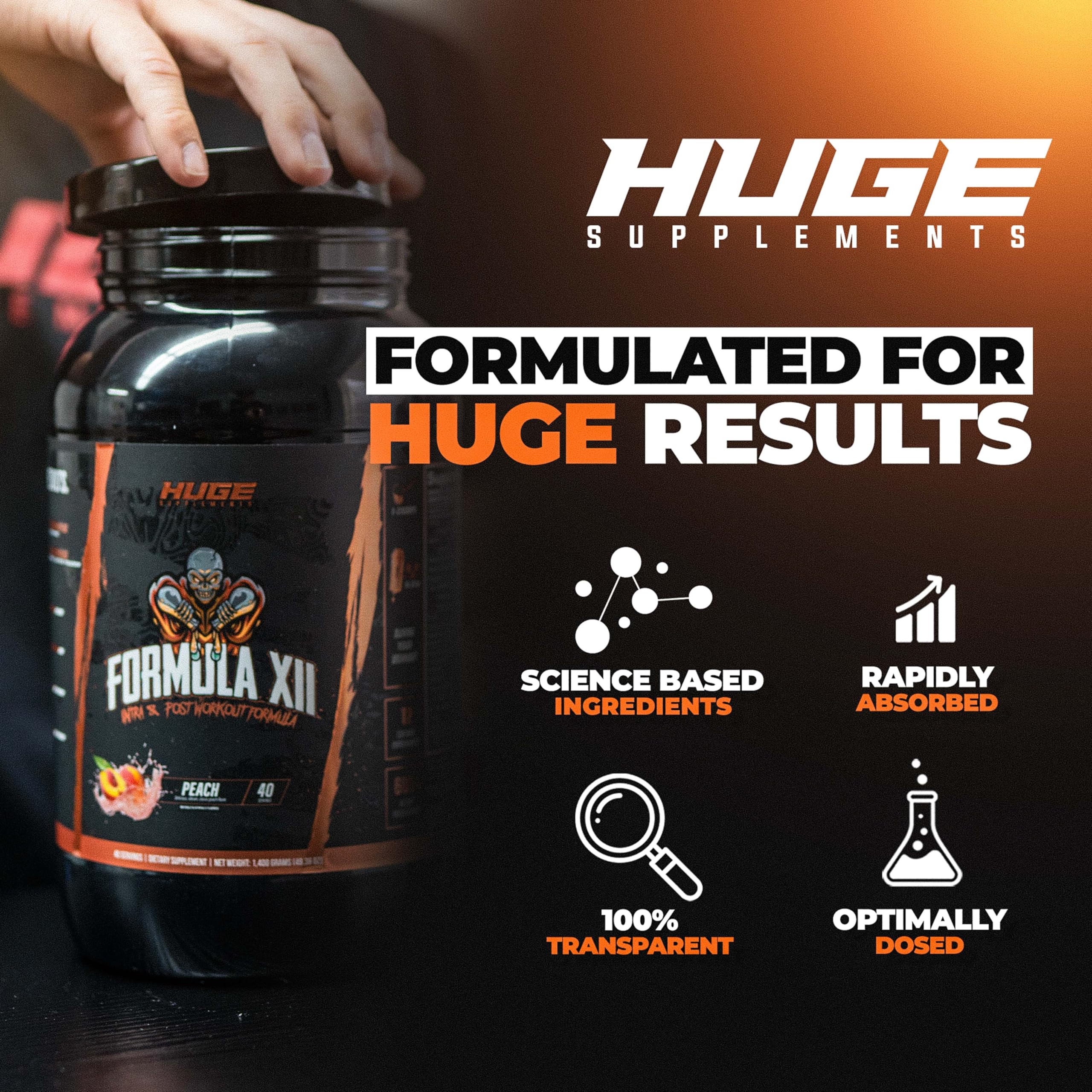 Huge Supplements Formula XII bottle pour reveals peach flavor and quick fueling during training.