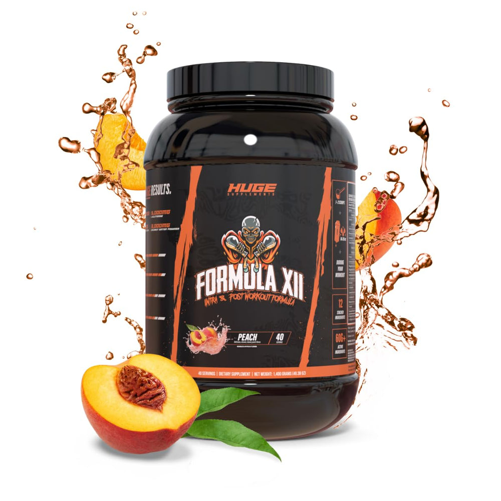 Huge Supplements Formula XII intra-workout bottle; peach flavor supports fast energy during workouts.