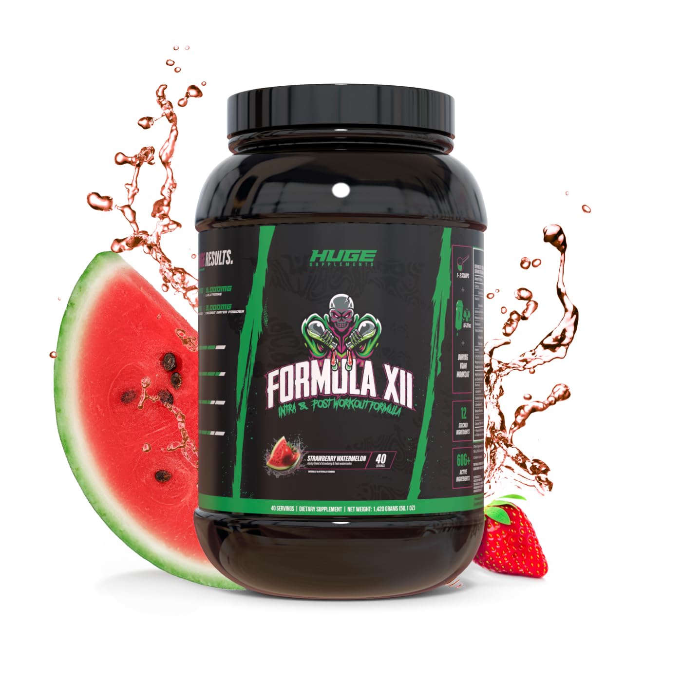 Huge Supplements Formula XII intra-workout bottle pour demonstrates fast fueling for intense sessions.