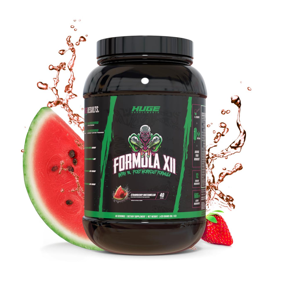 Huge Supplements Formula XII intra-workout bottle pour demonstrates fast fueling for intense sessions.