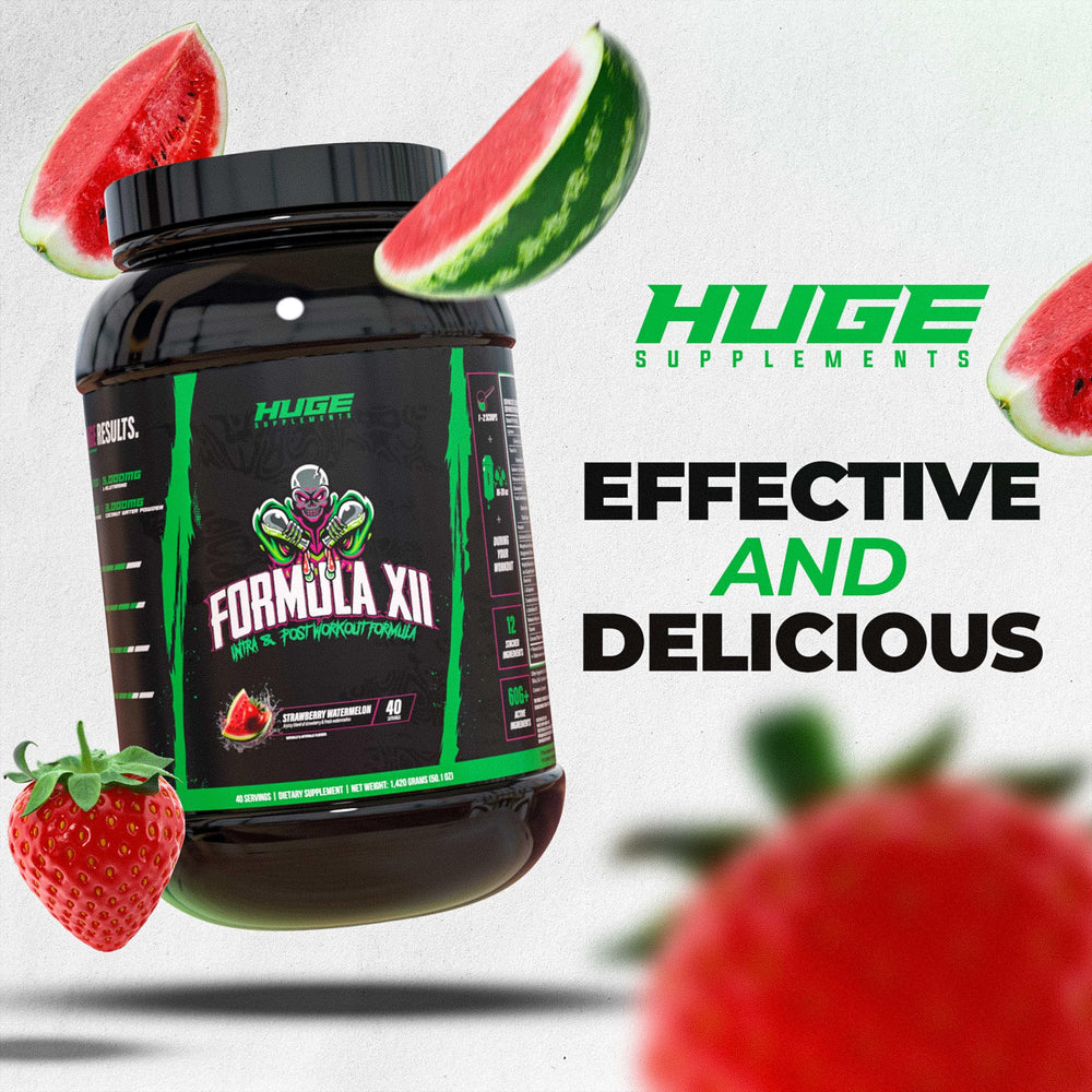Huge Supplements Formula XII post-workout glass conveys recovery-friendly drink after training sessions.