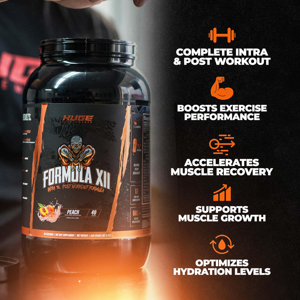 Huge Supplements Formula XII scoop dispensing shows easy, consistent dosing for workouts.