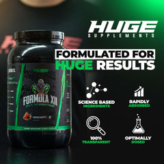 Huge Supplements Formula XII shaker mix depicts convenient on-the-go hydration and performance support.