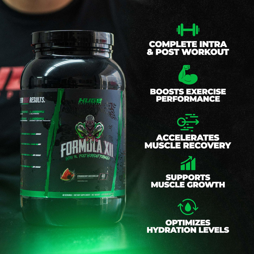 Huge Supplements Formula XII strawberry-watermelon powder shows flavor-forward scoop ready for hydration and endurance.