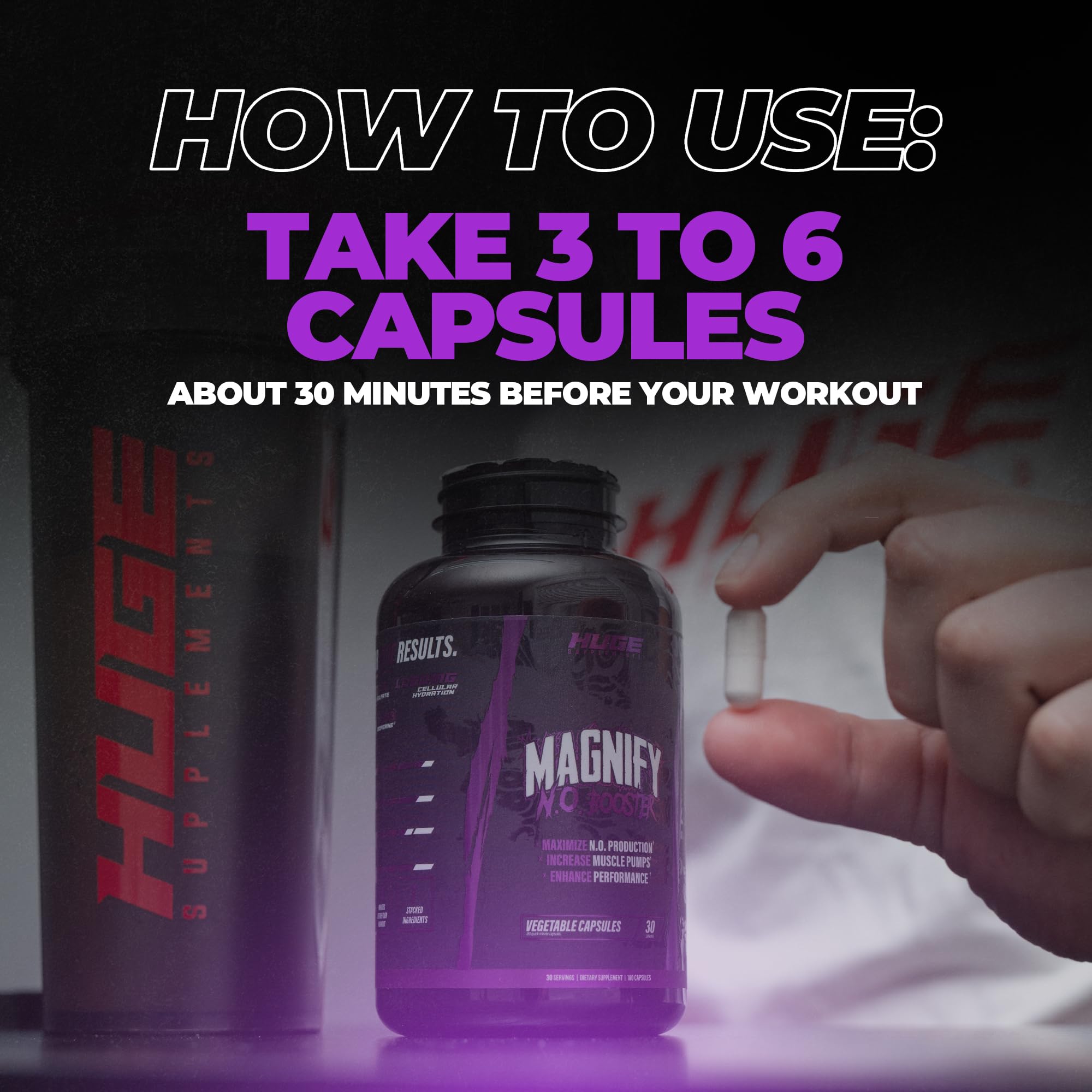 Huge Supplements Magnify Pump brand packshot underscoring trusted, science-backed formula