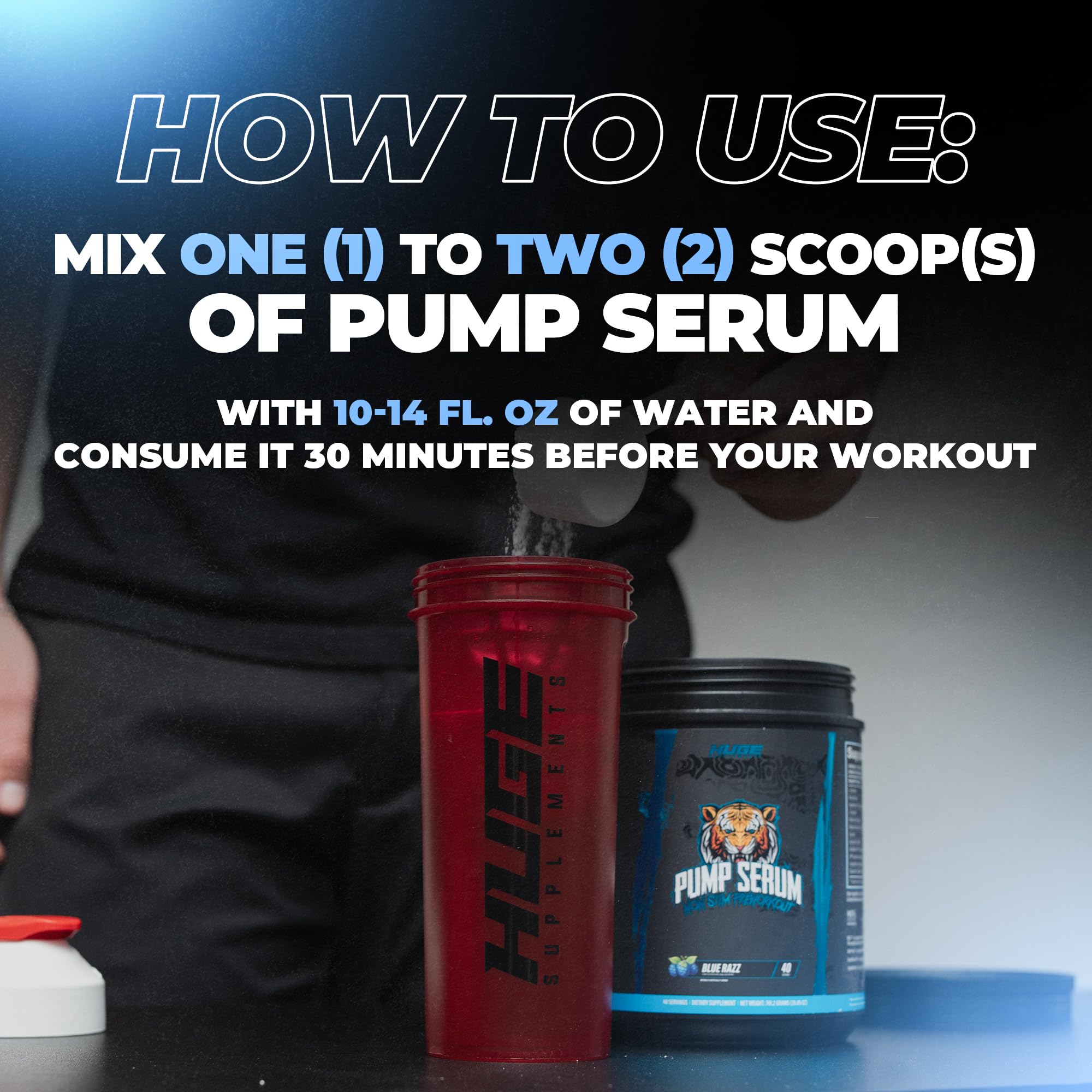 Huge Supplements Pump Serum Blue Razz on workout scene emphasizes fullness and endurance potential