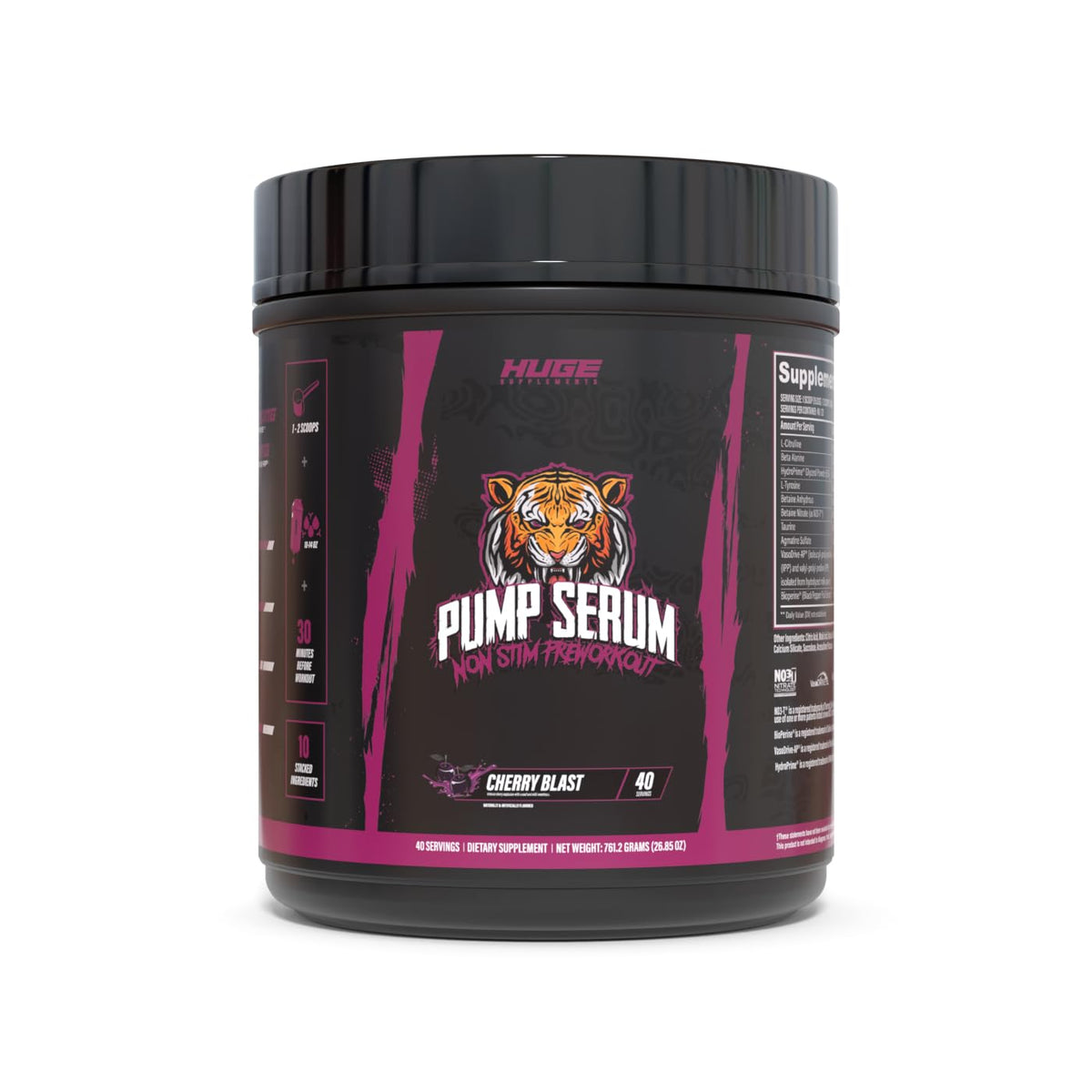 Huge Supplements Pump Serum label closeup highlights Cherry Blast formula for caffeine-free workouts.