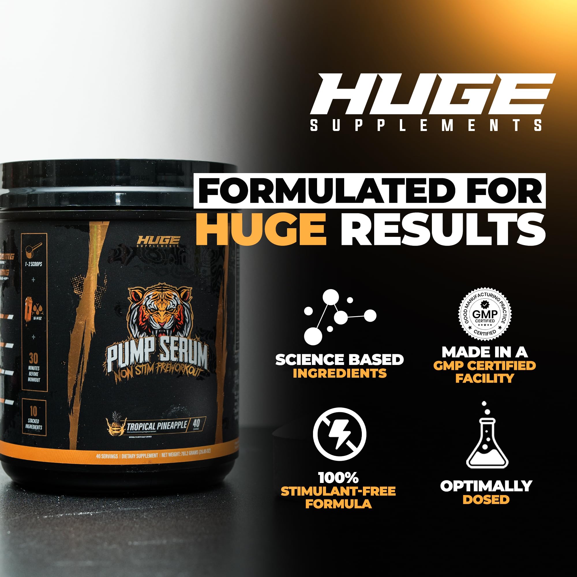 Huge Supplements Pump Serum label closeup shows transparent ingredient list.