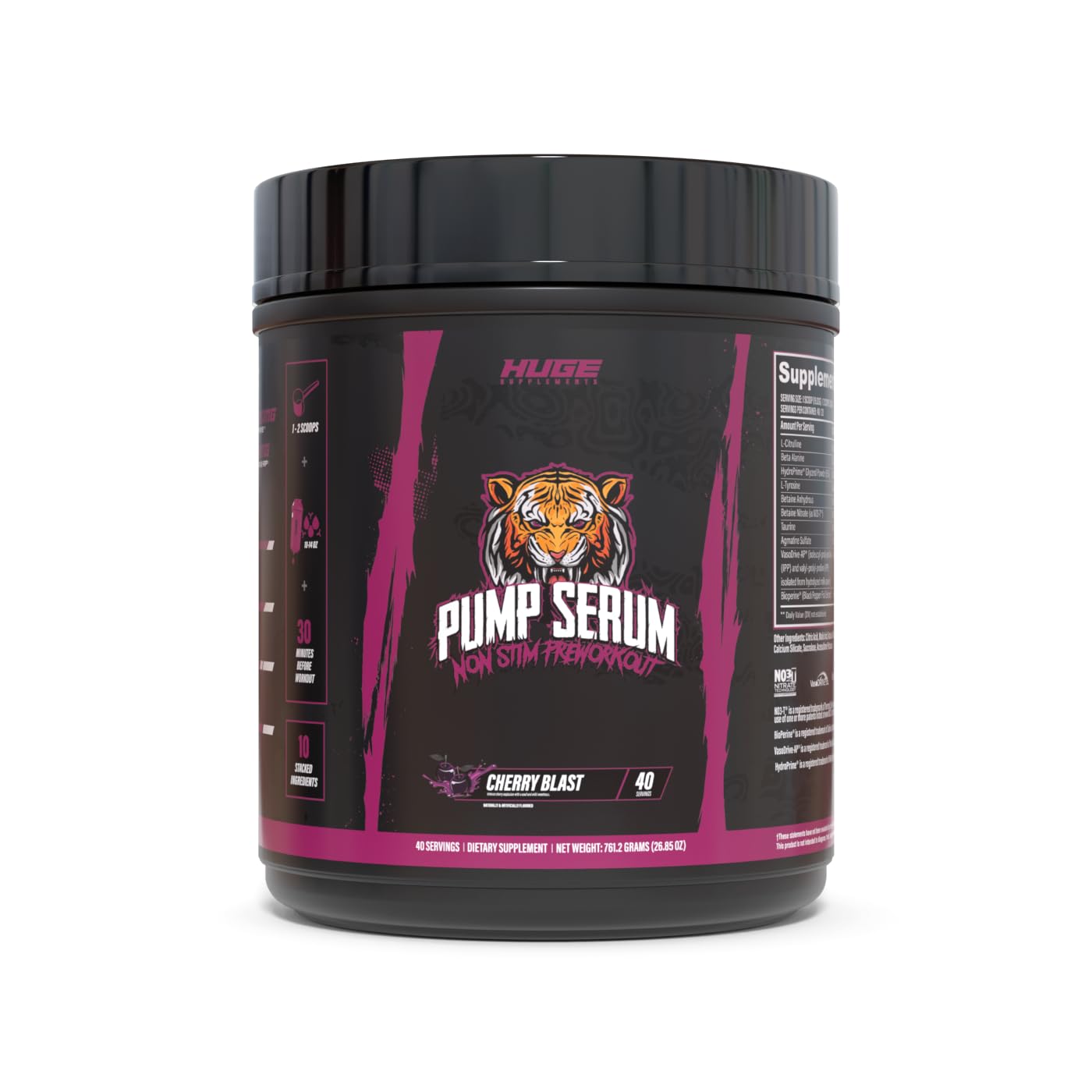 Huge Supplements Pump Serum label closeup highlights Cherry Blast formula for caffeine-free workouts.